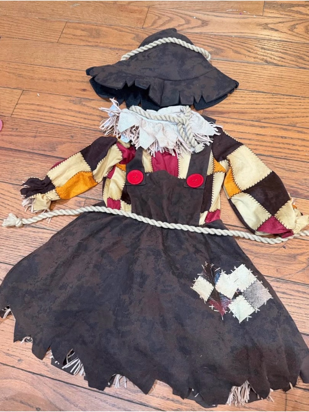 Brown Patchwork Scarecrow Kids Costume with Rope Accents